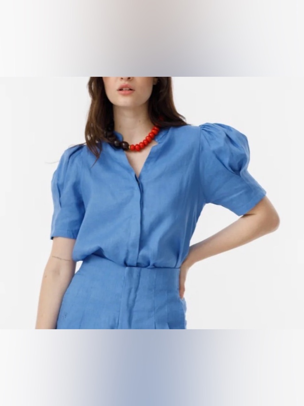 Women’s Puff-Sleeve Blue V-Neck Blouse